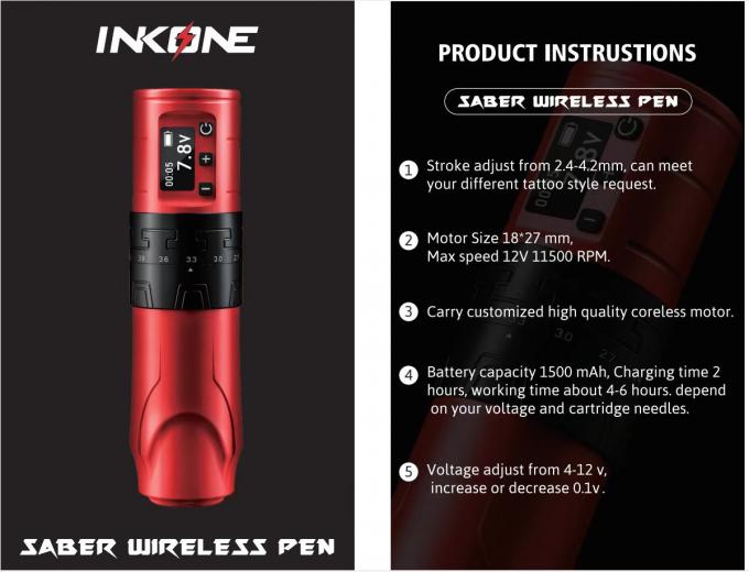1500mAh Wireless Tattoo Gun INKONE SABER Coreless Tattoo Machine Pen Motor Kuat Long Stroke 4,2mm Aluminium Pesawat 9